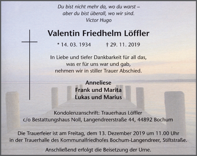 Traueranzeigen von Valentin Friedhelm Löffler Trauer in NRW de