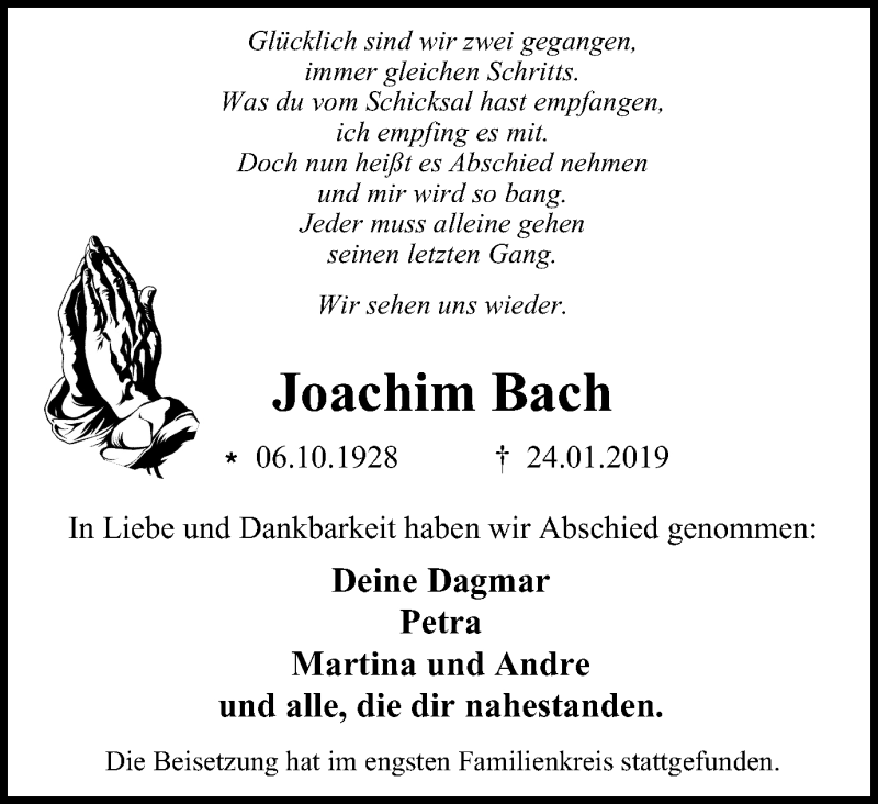 Traueranzeigen Von Joachim Bach Trauer In NRW De