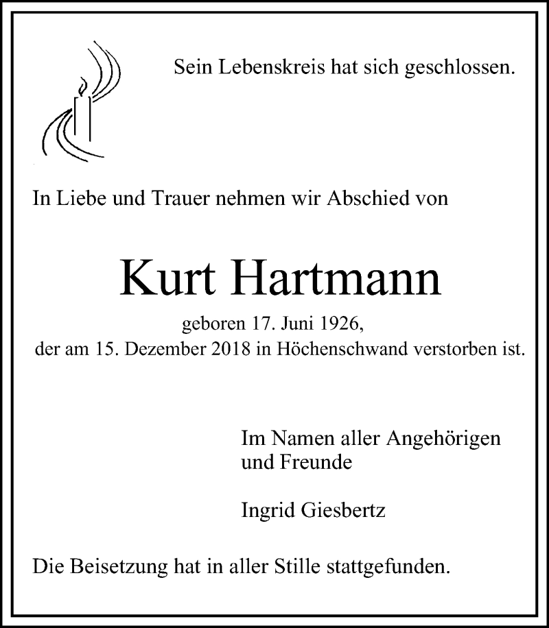 Traueranzeigen Von Kurt Hartmann Trauer In NRW De