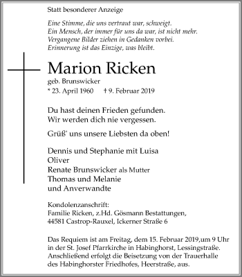 Traueranzeigen Von Marion Ricken Trauer In Nrw De