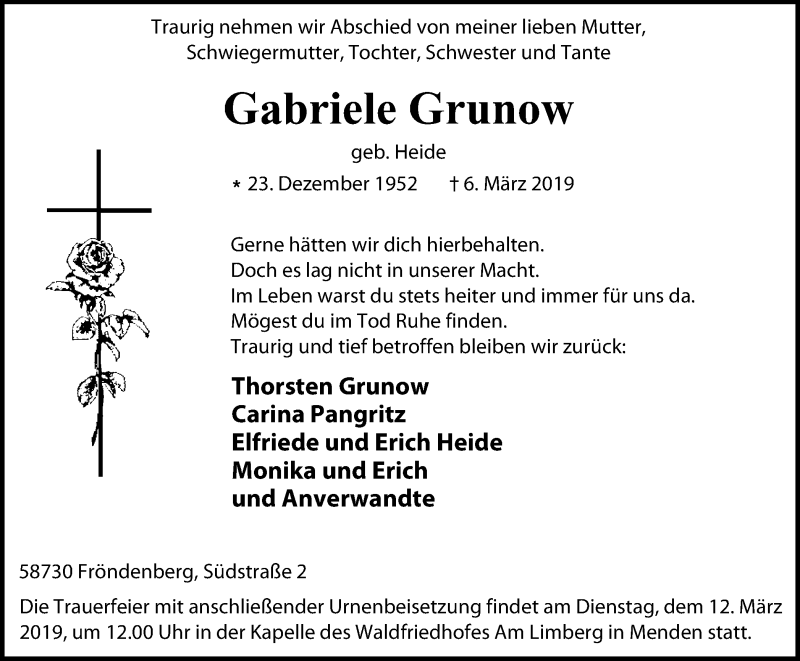 Traueranzeigen Von Gabriele Grunow Trauer In Nrw De