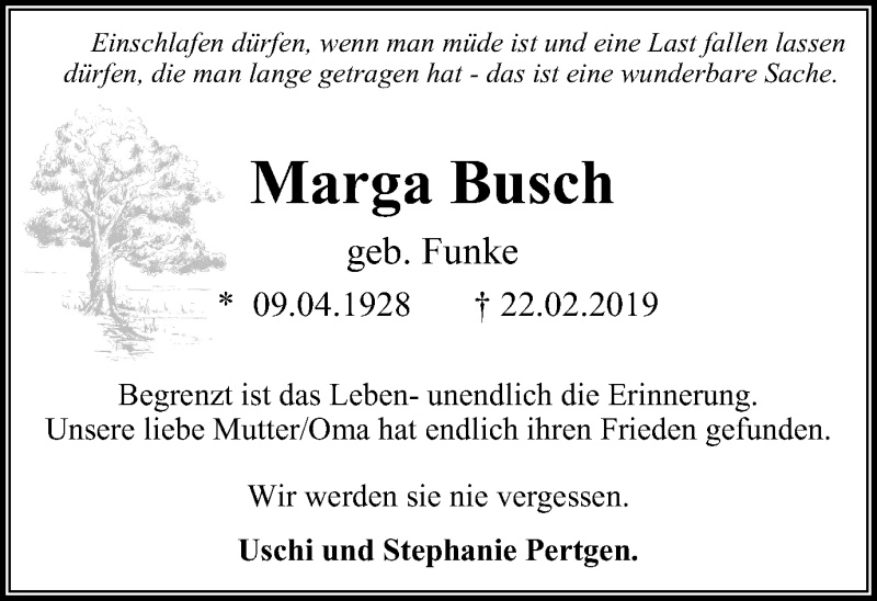 Traueranzeigen Von Marga Busch Trauer In NRW De