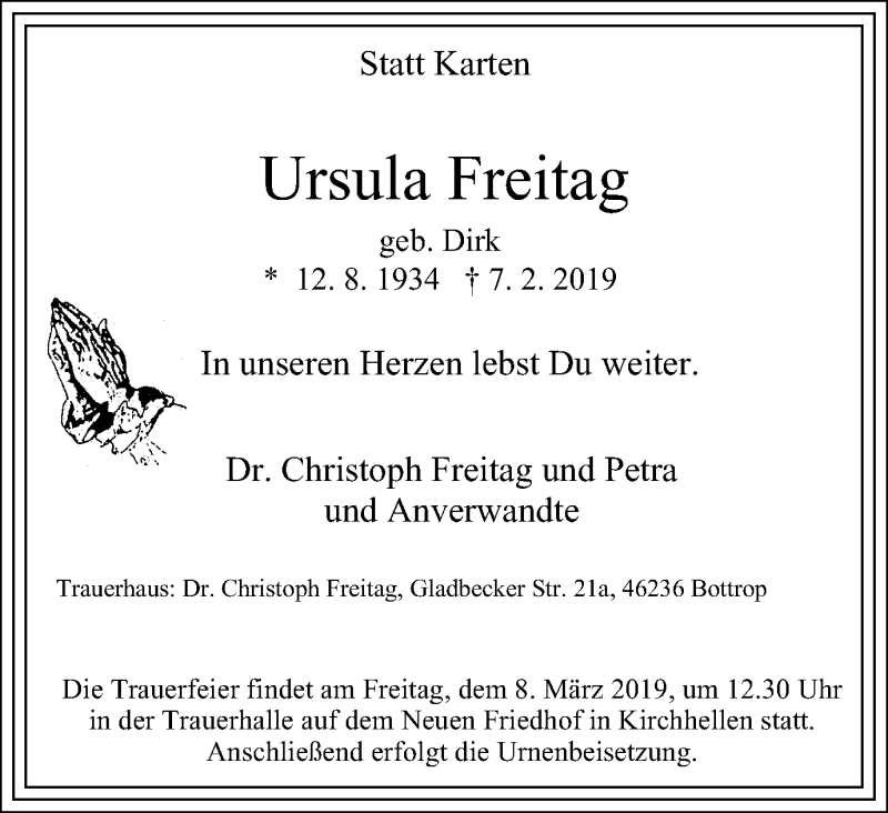 Traueranzeigen Von Ursula Freitag Trauer In NRW De