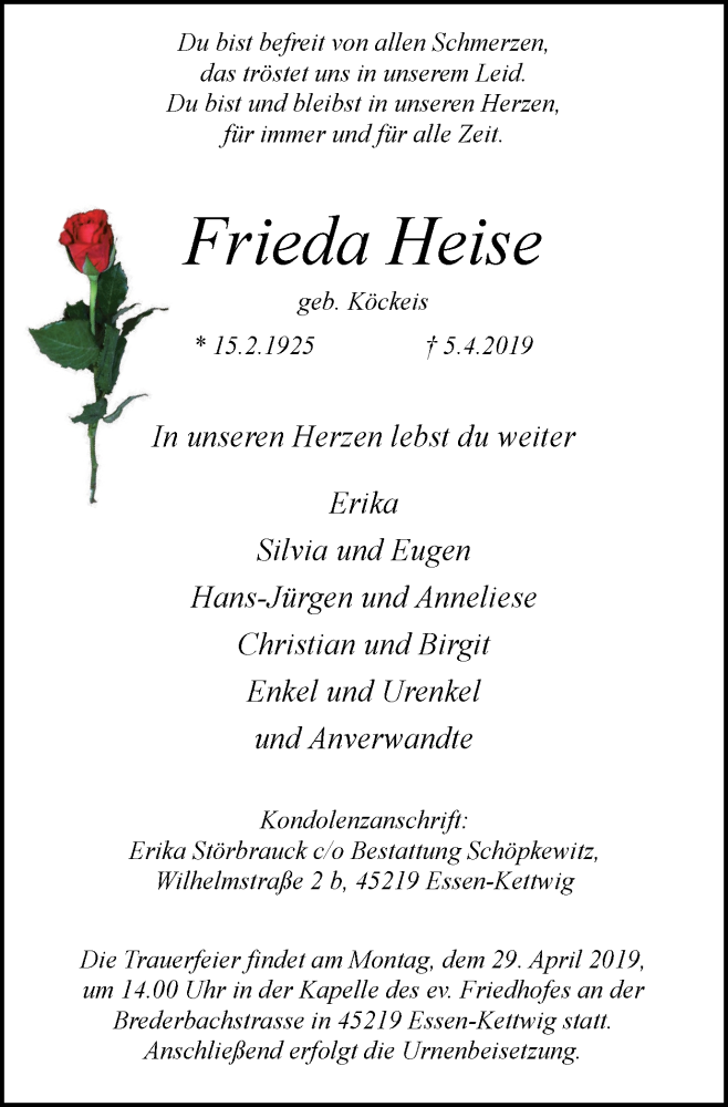 Traueranzeigen Von Frieda Heise Trauer In NRW De