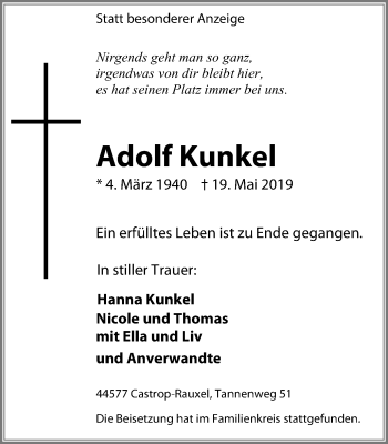 Traueranzeigen Von Adolf Kunkel Trauer In Nrw De