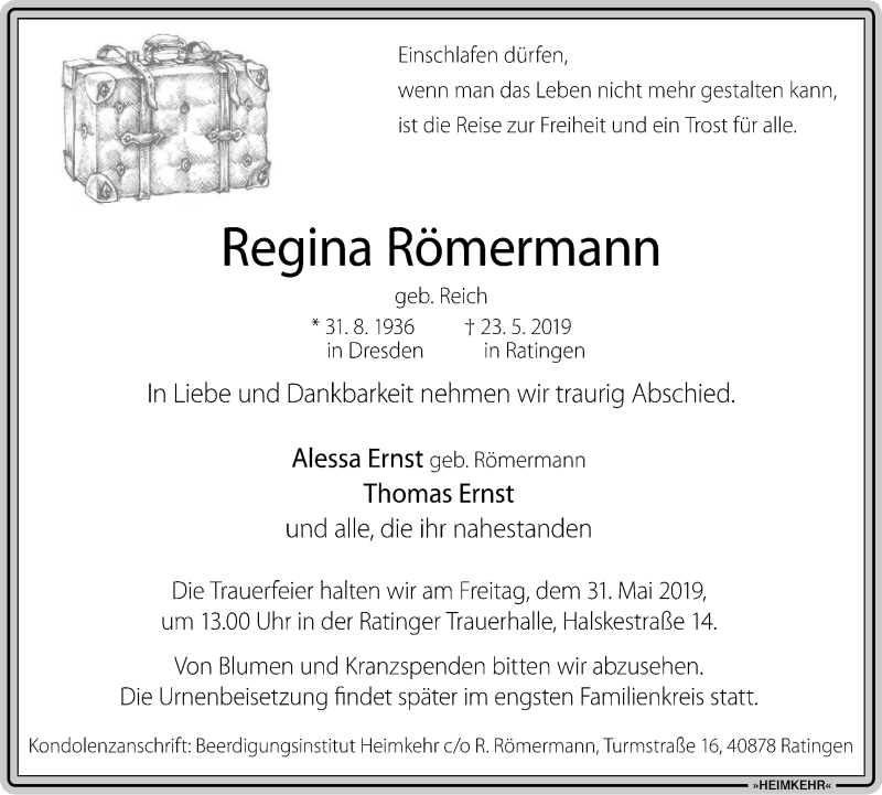 Traueranzeigen von Regina Römermann Trauer in NRW de