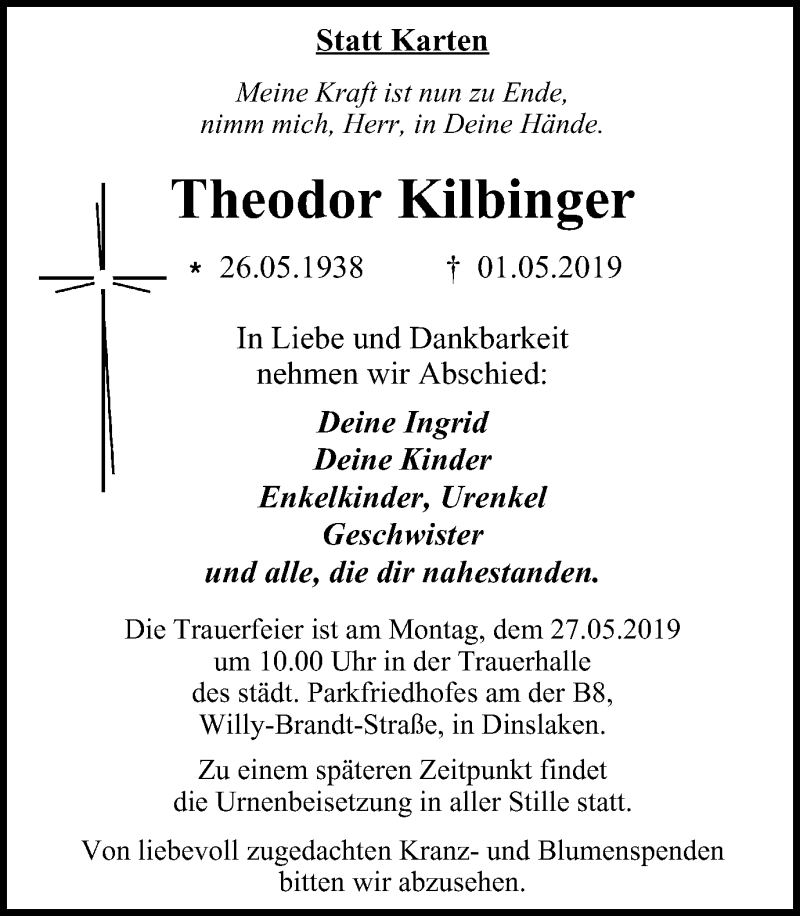 Traueranzeigen Von Theodor Kilbinger Trauer In NRW De