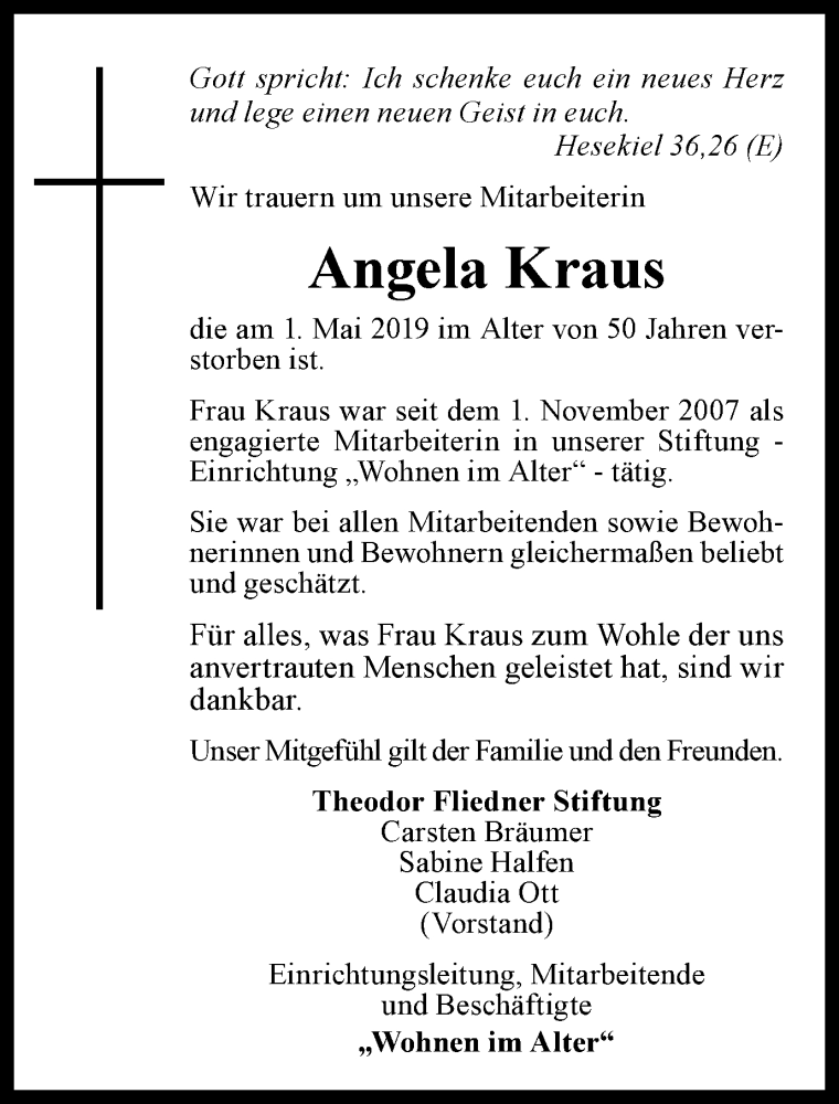 Traueranzeigen Von Angela Kraus Trauer In Nrw De