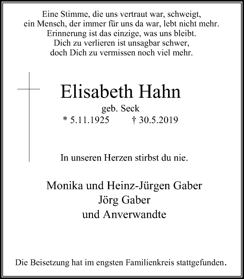 Traueranzeigen Von Elisabeth Hahn Trauer In Nrw De