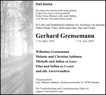 Traueranzeigen Von Gerhard Grensemann Trauer In Nrw De