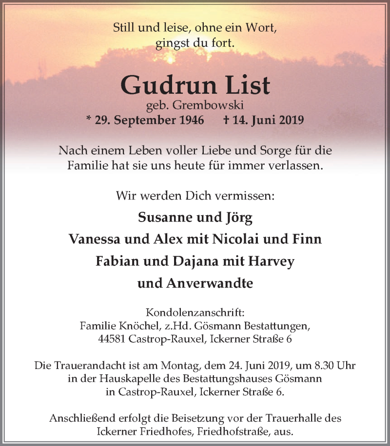 Traueranzeigen Von Gudrun List Trauer In Nrw De