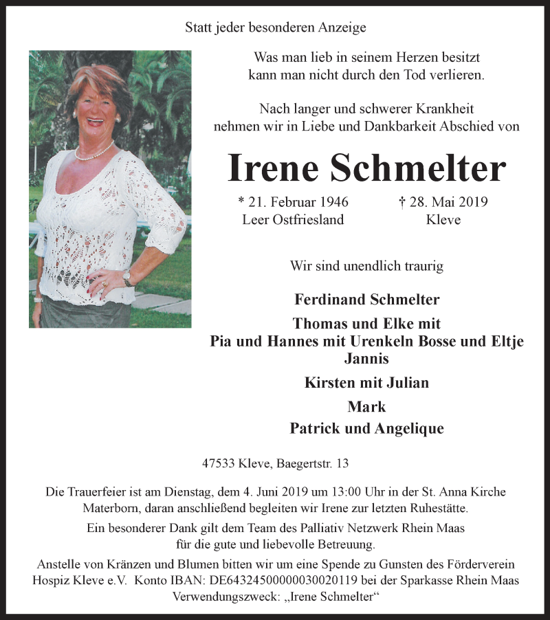 Traueranzeigen Von Irene Schmelter Trauer In Nrw De