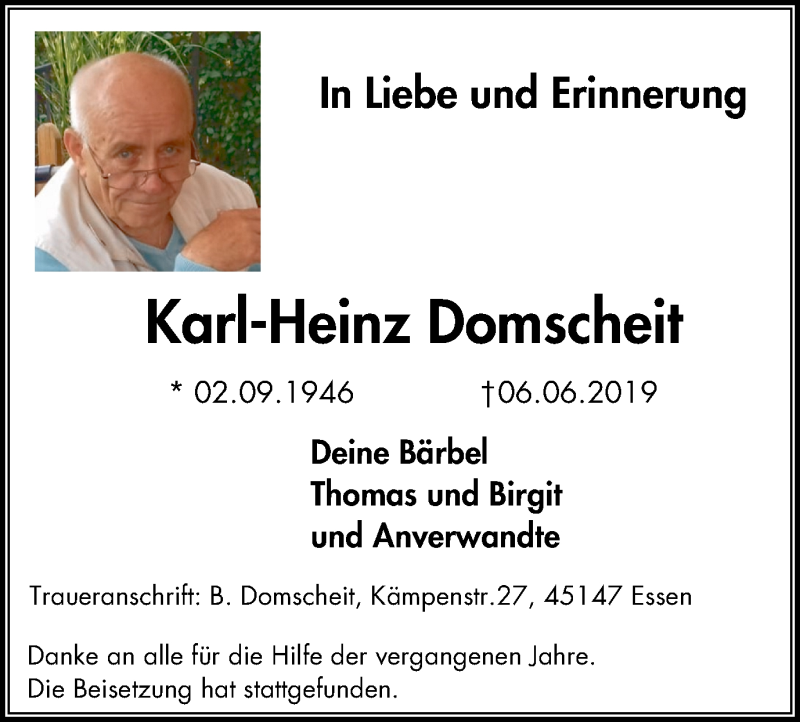 Traueranzeigen Von Karl Heinz Domscheit Trauer In Nrw De