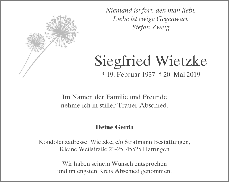 Traueranzeigen Von Siegfried Wietzke Trauer In Nrw De