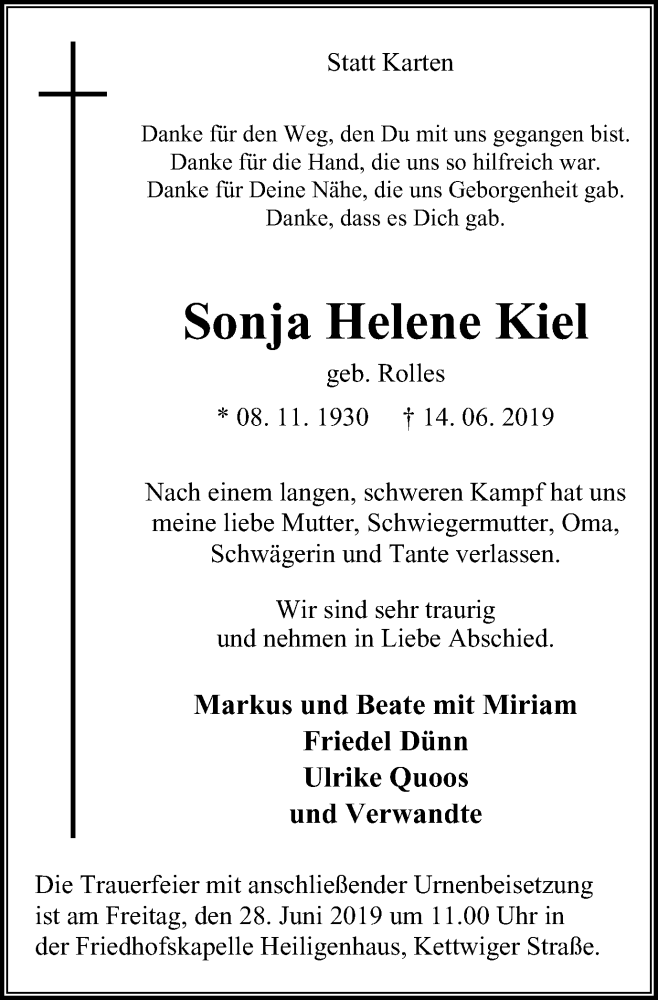 Traueranzeigen Von Sonja Helene Kiel Trauer In NRW De