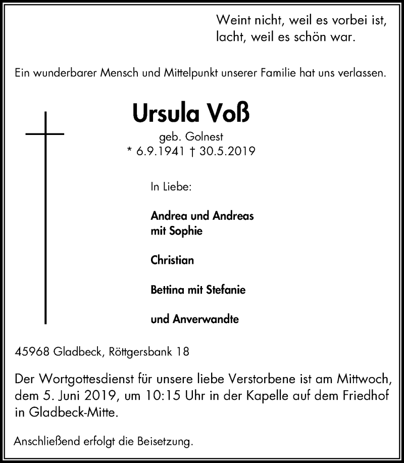 Traueranzeigen von Ursula Voß Trauer in NRW de