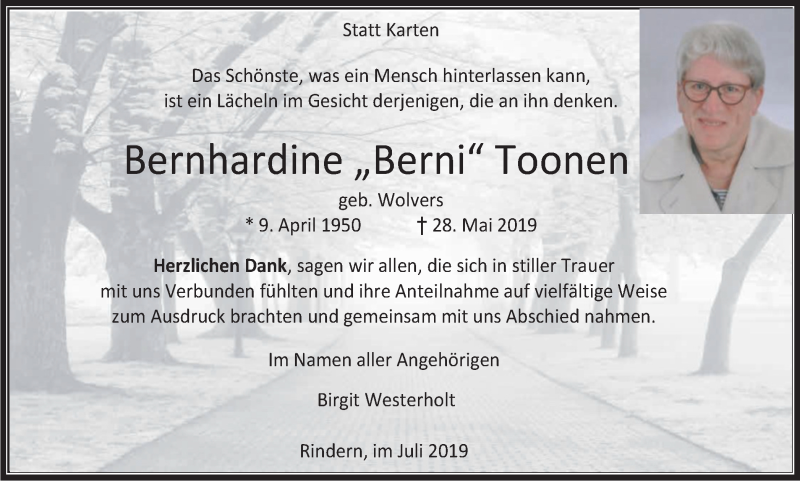 Traueranzeigen Von Bernhardine Toonen Trauer In Nrw De