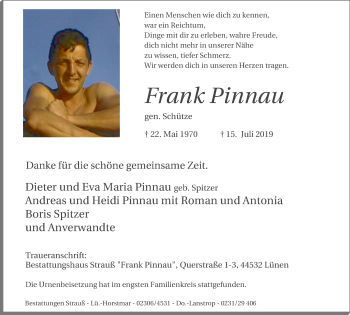 Traueranzeigen Von Frank Pinnau Trauer In Nrw De