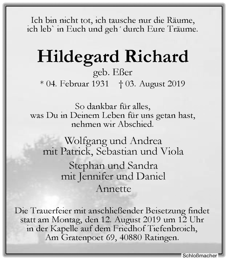 Traueranzeigen Von Hildegard Richard Trauer In NRW De