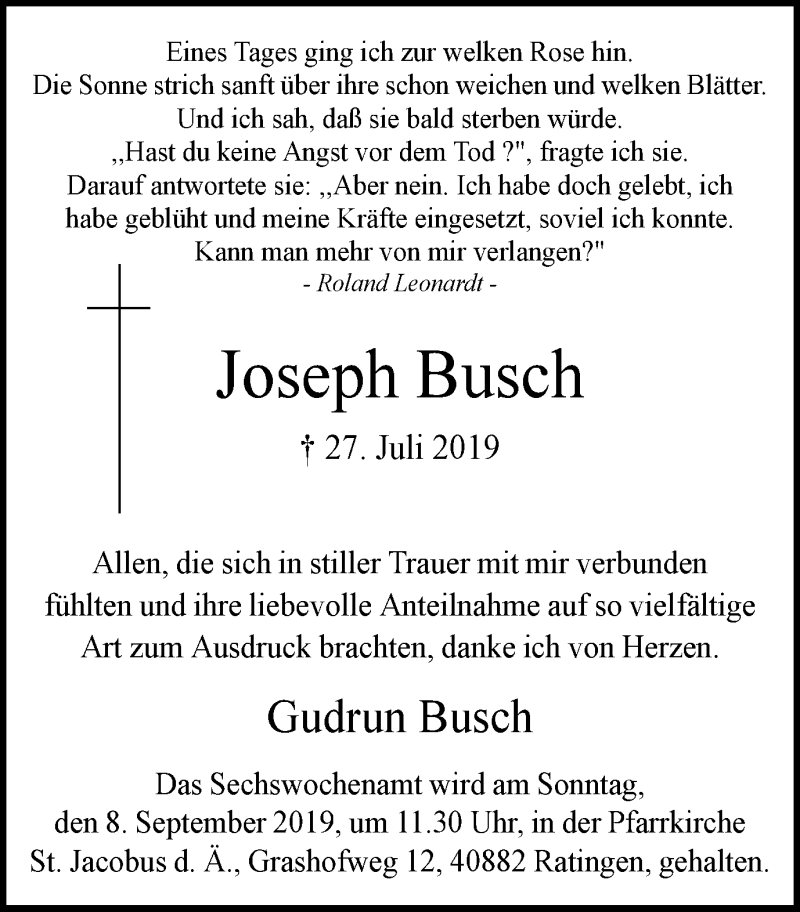 Traueranzeigen Von Joseph Busch Trauer In Nrw De