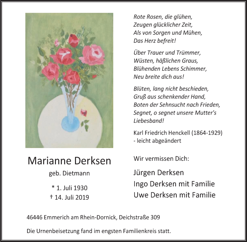 Traueranzeigen Von Marianne Derksen Trauer In NRW De