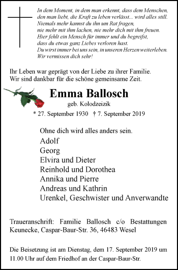 Traueranzeigen Von Emma Ballosch Trauer In NRW De