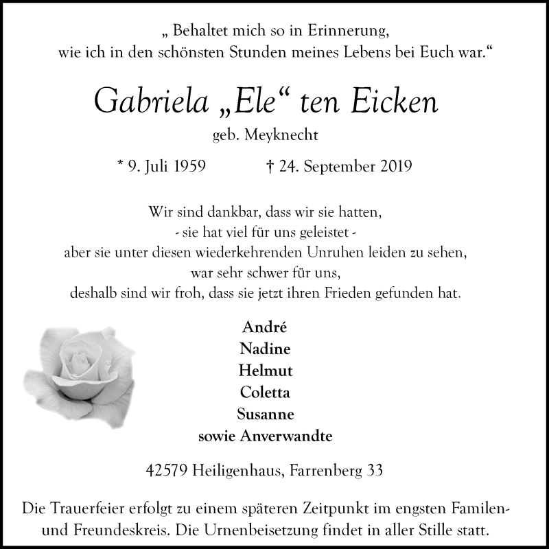 Traueranzeigen Von Gabriela Ten Eicken Trauer In NRW De