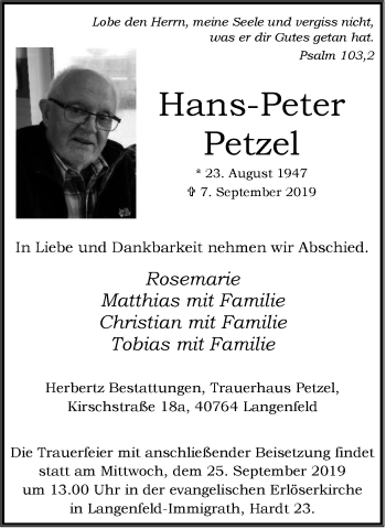 Traueranzeigen Von Hans Peter Petzel Trauer In NRW De