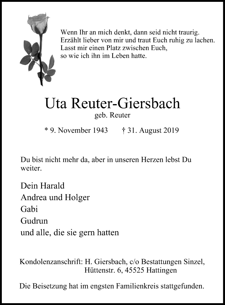 Traueranzeigen Von Uta Reuter Giersbach Trauer In NRW De