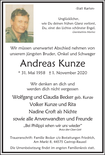 Traueranzeigen Von Andreas Kunze Trauer In Nrw De