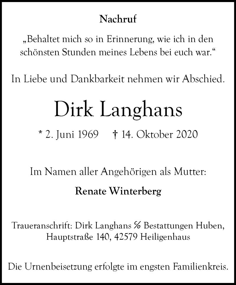 Traueranzeigen Von Dirk Langhans Trauer In NRW De