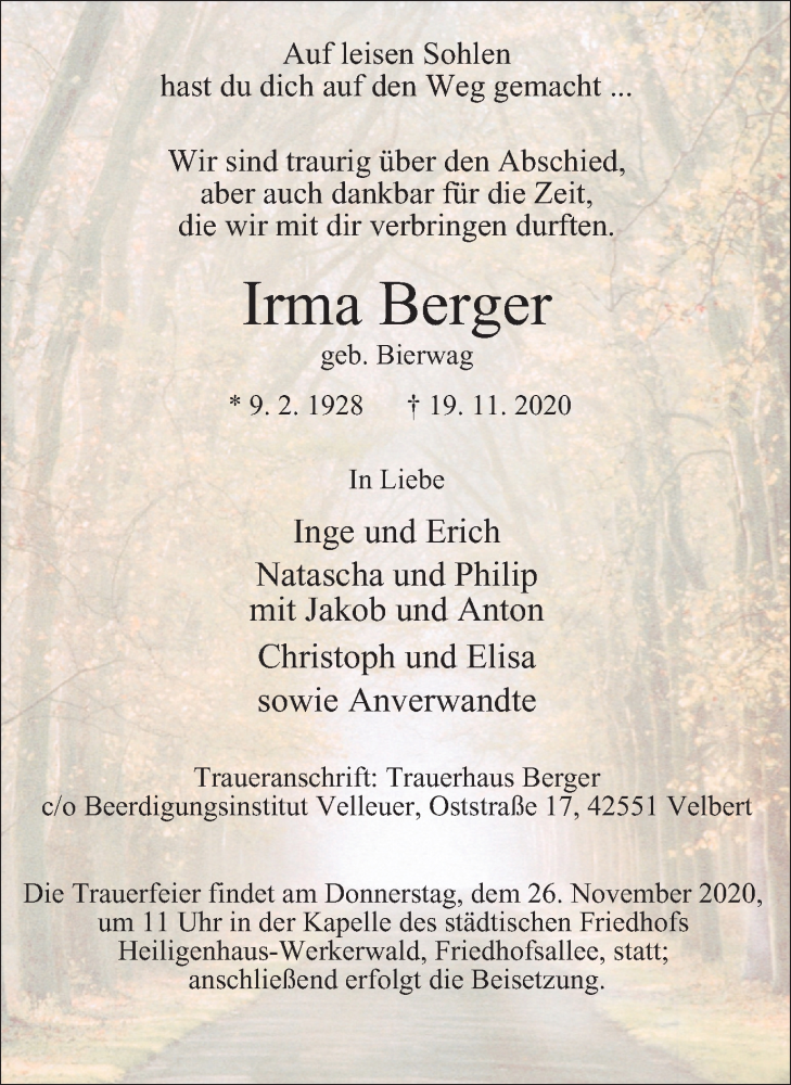 Traueranzeigen Von Irma Berger Trauer In NRW De