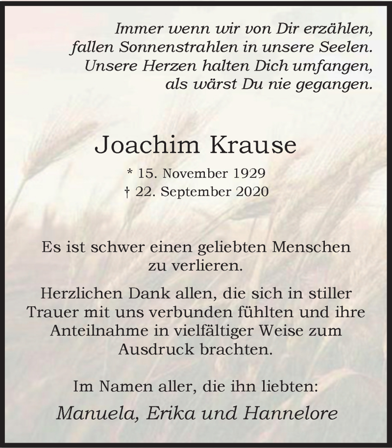 Traueranzeigen Von Joachim Krause Trauer In Nrw De