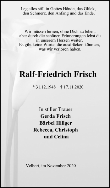 Traueranzeigen Von Ralf Friedrich Frisch Trauer In NRW De