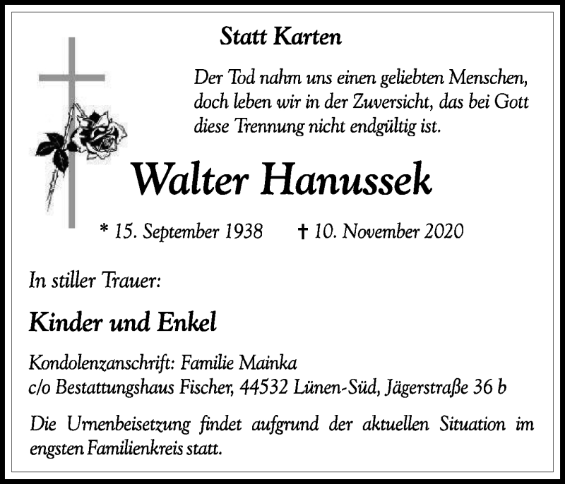 Traueranzeigen Von Walter Hanussek Trauer In NRW De