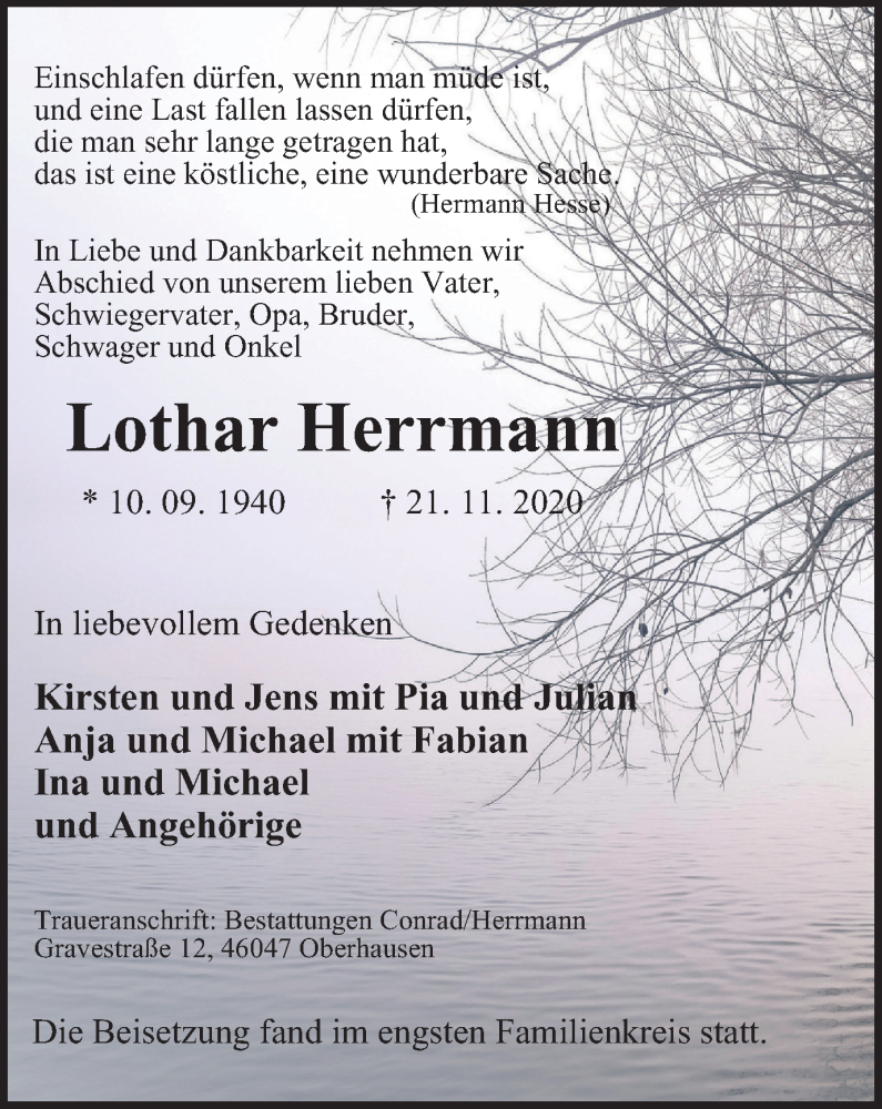 Traueranzeigen Von Lothar Herrmann Trauer In Nrw De