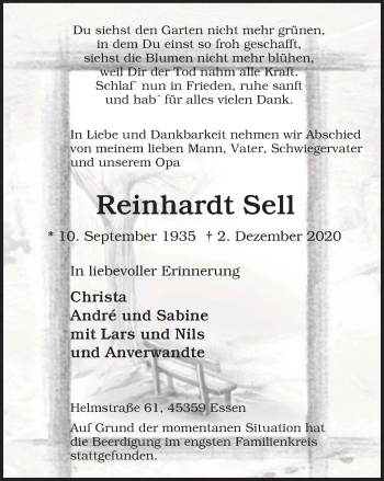 Traueranzeigen Von Reinhardt Sell Trauer In NRW De