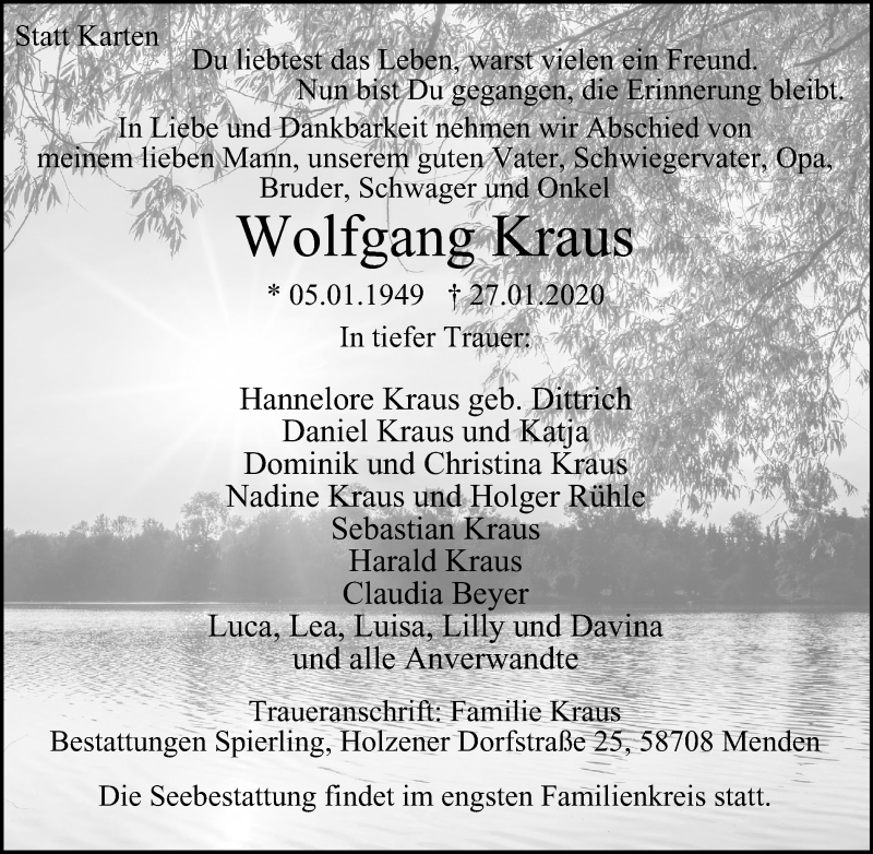 Traueranzeigen Von Wolfgang Kraus Trauer In NRW De