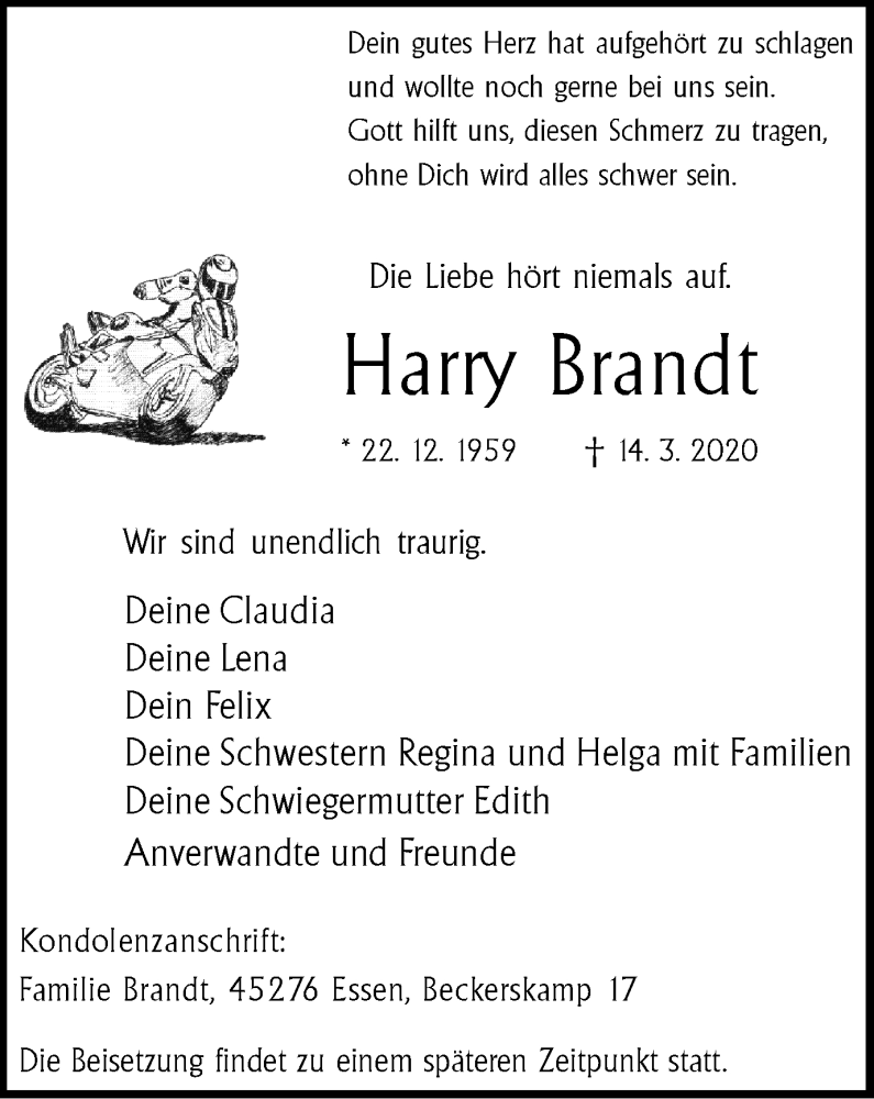 Traueranzeigen Von Harry Brandt Trauer In Nrw De