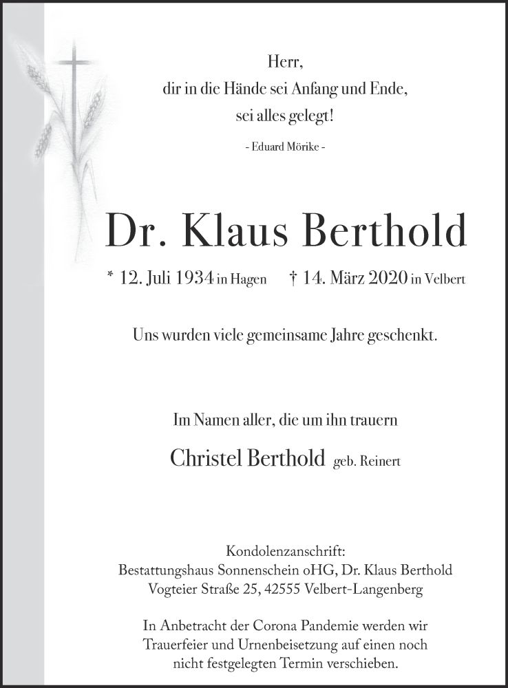 Traueranzeigen Von Klaus Berthold Trauer In Nrw De