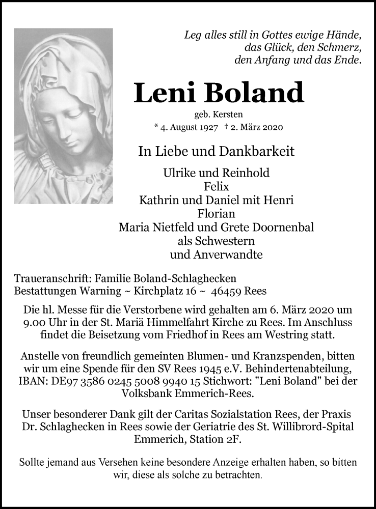 Traueranzeigen Von Leni Boland Trauer In Nrw De