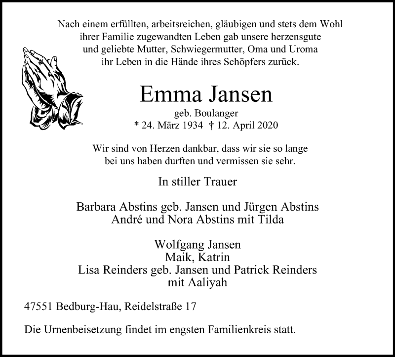 Traueranzeigen Von Emma Jansen Trauer In NRW De