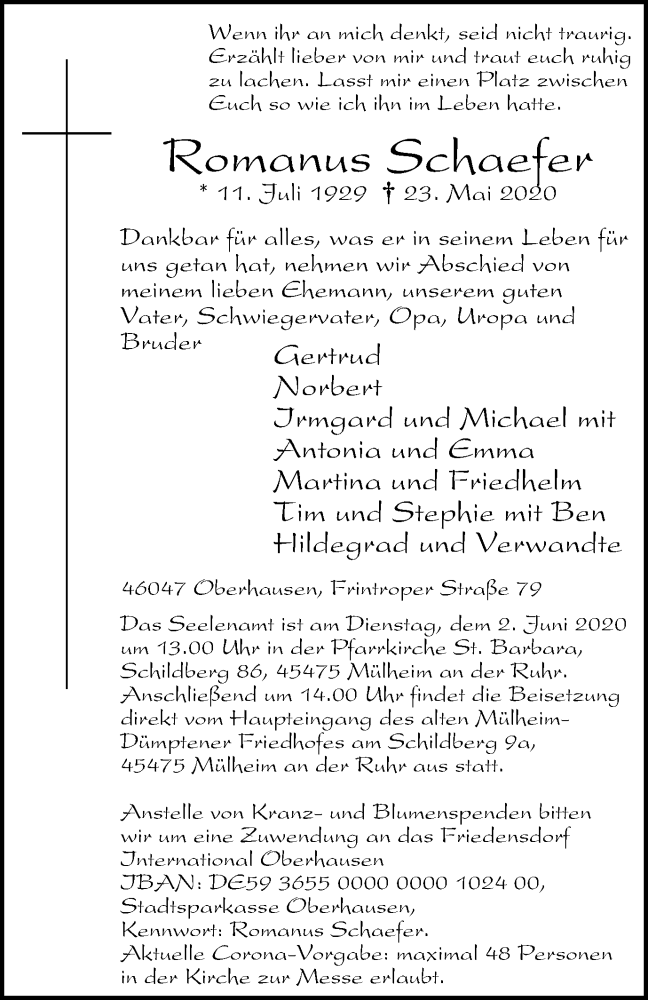 Traueranzeigen Von Romanus Schaefer Trauer In NRW De