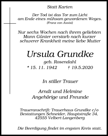 Traueranzeige von Ursula Grundke von WVW Anzeigenblätter