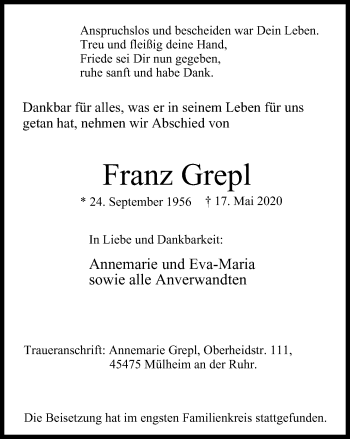 Traueranzeigen Von Franz Grepl Trauer In Nrw De