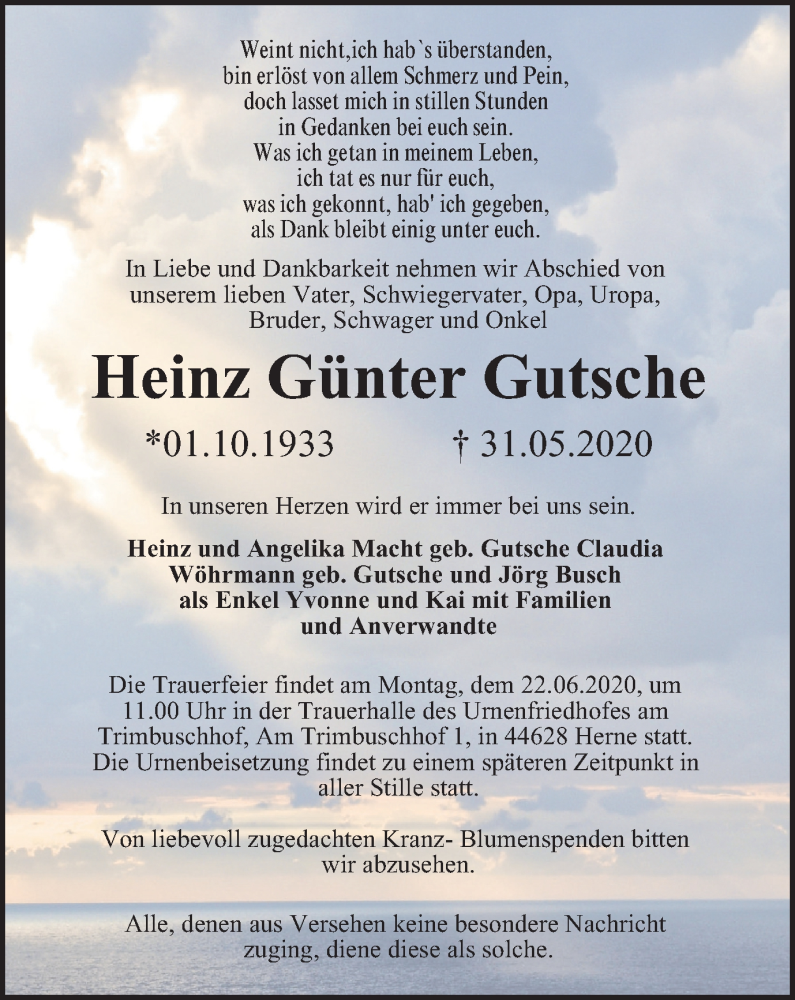 Traueranzeigen Von Heinz G Nter Gutsche Trauer In Nrw De