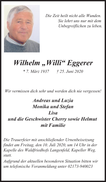 Traueranzeigen Von Wilhelm Eggerer Trauer In Nrw De