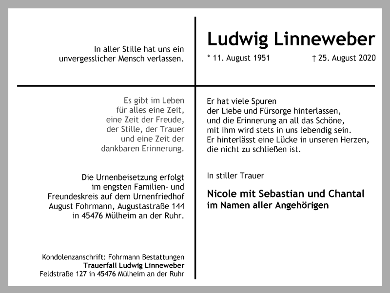 Traueranzeigen Von Ludwig Linneweber Trauer In NRW De