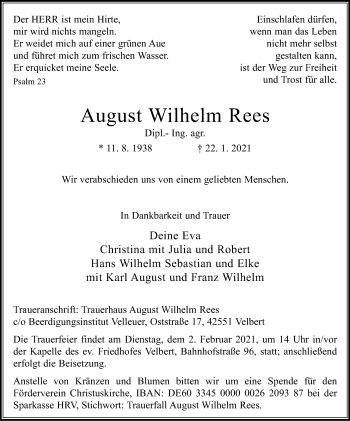 Traueranzeigen Von August Wilhelm Rees Trauer In NRW De