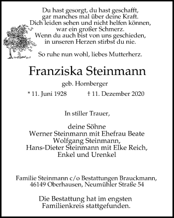 Traueranzeigen Von Franziska Steinmann Trauer In NRW De